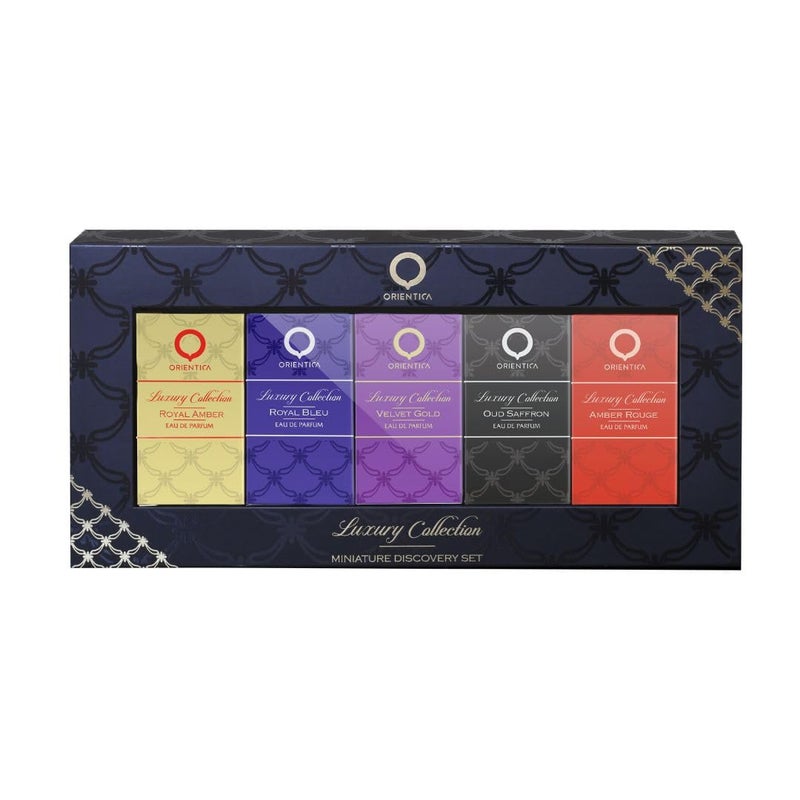 Orientica مجموعة عطور أورينتيكا الفاخرة - مجموعة هدايا عطور مصغرة للرجال والنساء، مجموعة اكتشاف مكونة من 5 قطع مع العنبر الأحمر، العنبر الملكي، عود الزعفران، الذهب المخملي والأزرق الملكي، عطور للجنسين لكل مناسبة - Image 2