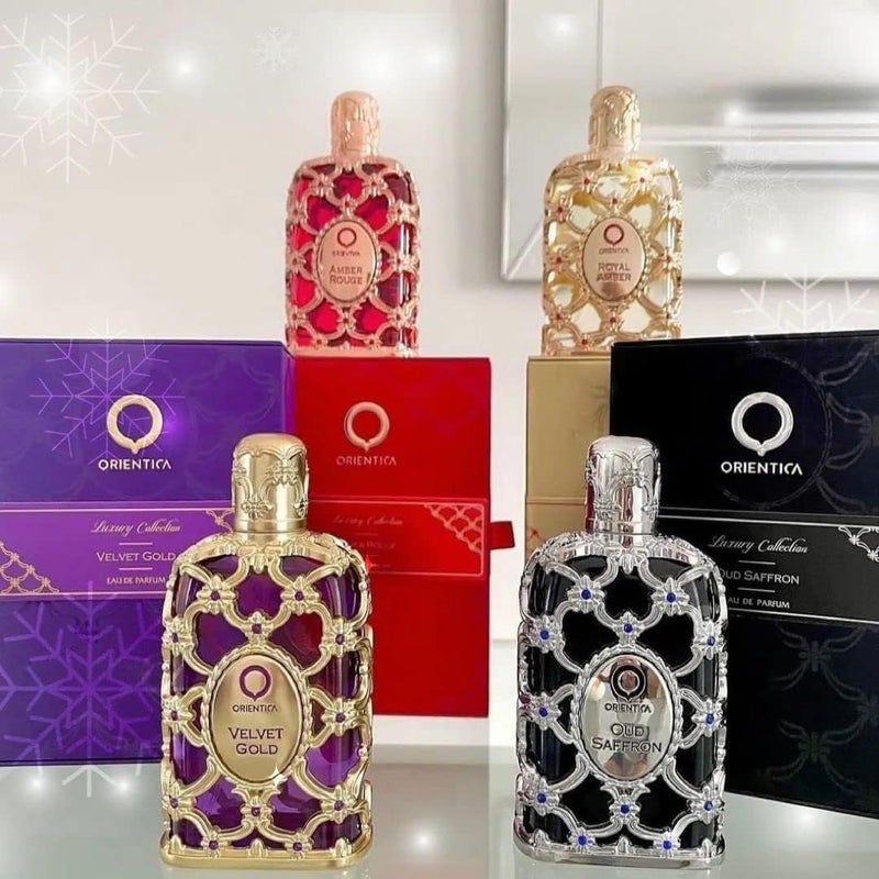 Orientica مجموعة عطور أورينتيكا الفاخرة - مجموعة هدايا عطور مصغرة للرجال والنساء، مجموعة اكتشاف مكونة من 5 قطع مع العنبر الأحمر، العنبر الملكي، عود الزعفران، الذهب المخملي والأزرق الملكي، عطور للجنسين لكل مناسبة - Image 4