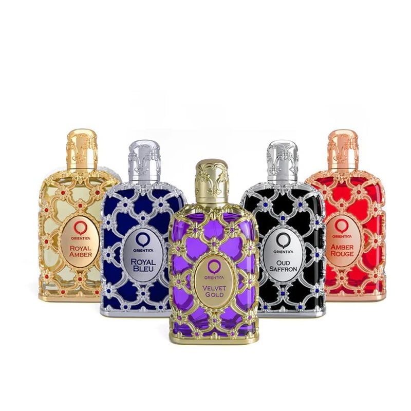 Orientica مجموعة عطور أورينتيكا الفاخرة - مجموعة هدايا عطور مصغرة للرجال والنساء، مجموعة اكتشاف مكونة من 5 قطع مع العنبر الأحمر، العنبر الملكي، عود الزعفران، الذهب المخملي والأزرق الملكي، عطور للجنسين لكل مناسبة - Image 1