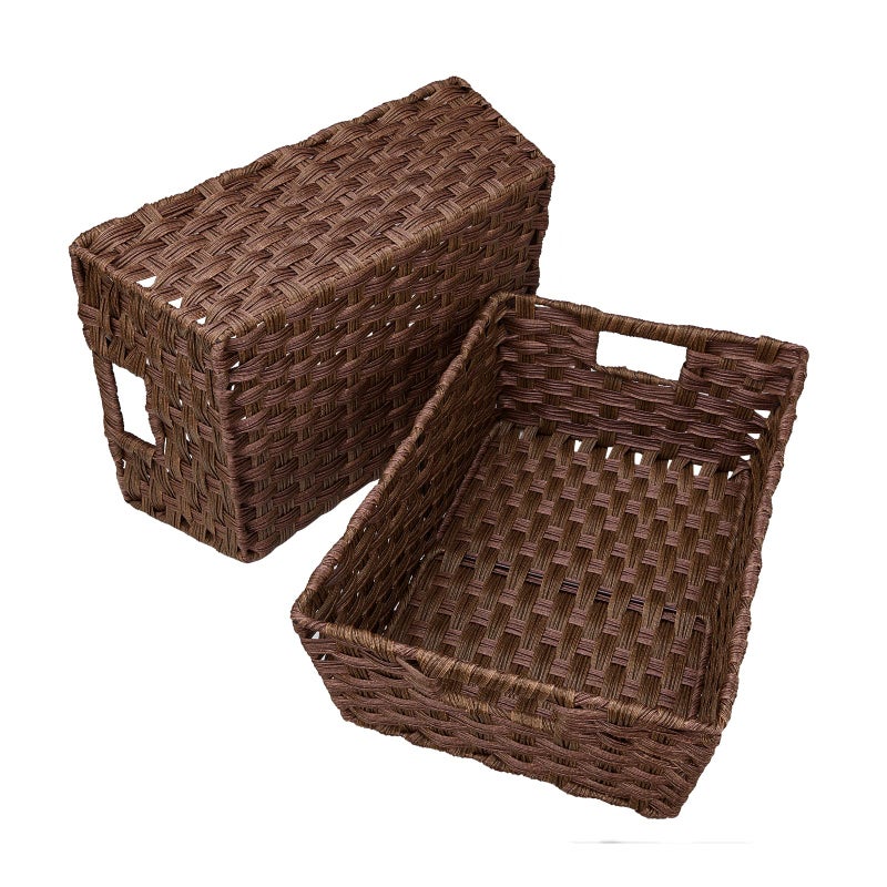 Onlytak Large Wicker Storage Basket, Metal Frame, Set of 2, Washable Waterproof, 15" x 10.3" x 5.2", Brown Color, Woven Basket for Pantry, Toilet, Bathroom, Bedroom, Patio - Image 3