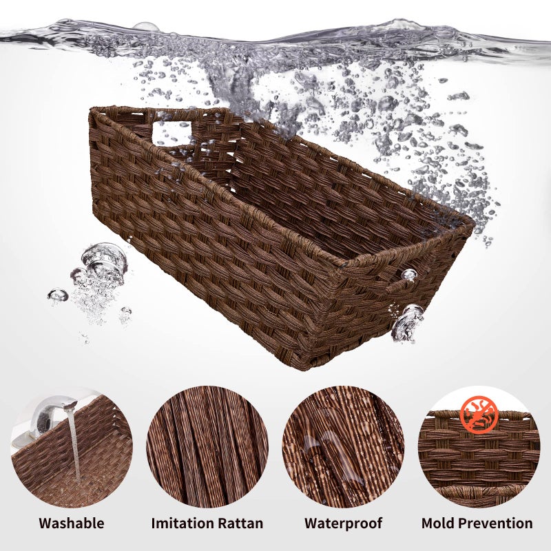 Onlytak Large Wicker Storage Basket, Metal Frame, Set of 2, Washable Waterproof, 15" x 10.3" x 5.2", Brown Color, Woven Basket for Pantry, Toilet, Bathroom, Bedroom, Patio - Image 4