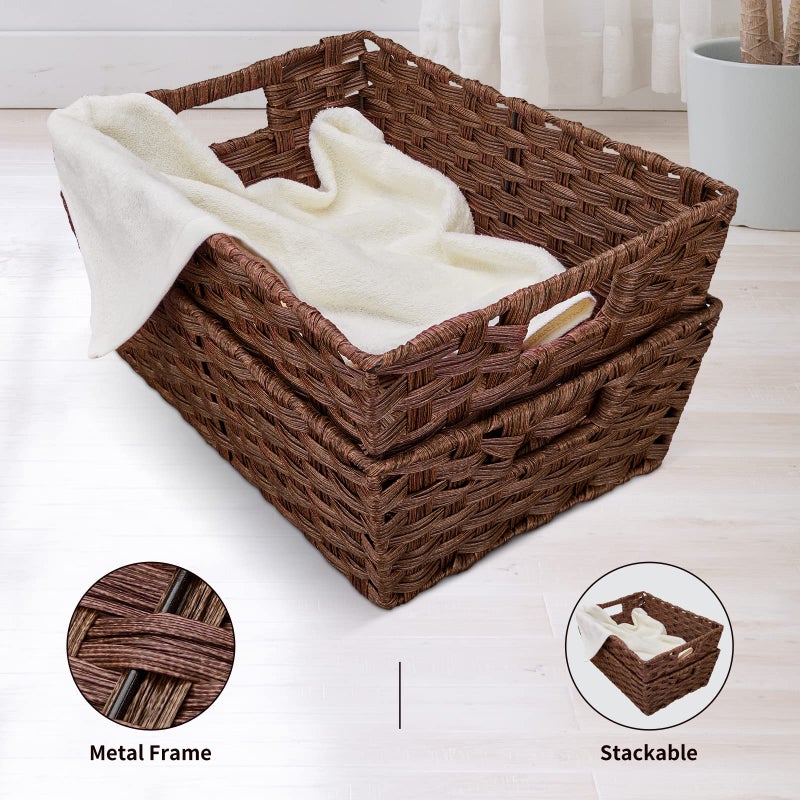 Onlytak Large Wicker Storage Basket, Metal Frame, Set of 2, Washable Waterproof, 15" x 10.3" x 5.2", Brown Color, Woven Basket for Pantry, Toilet, Bathroom, Bedroom, Patio - Image 5
