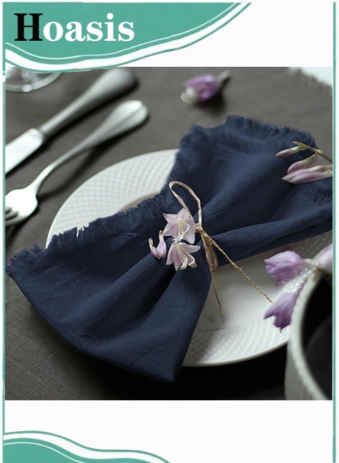 Hoasis 12 Pcs Cotton Linen Napkins 43 * 43cm Wrinkled Dinner Napkins, Washable Rustic Dinner Napkins Cloth, Handmade Fringed Cloth Napkins for Home, Wedding and Parties, Color: Navy Blue - Image 1