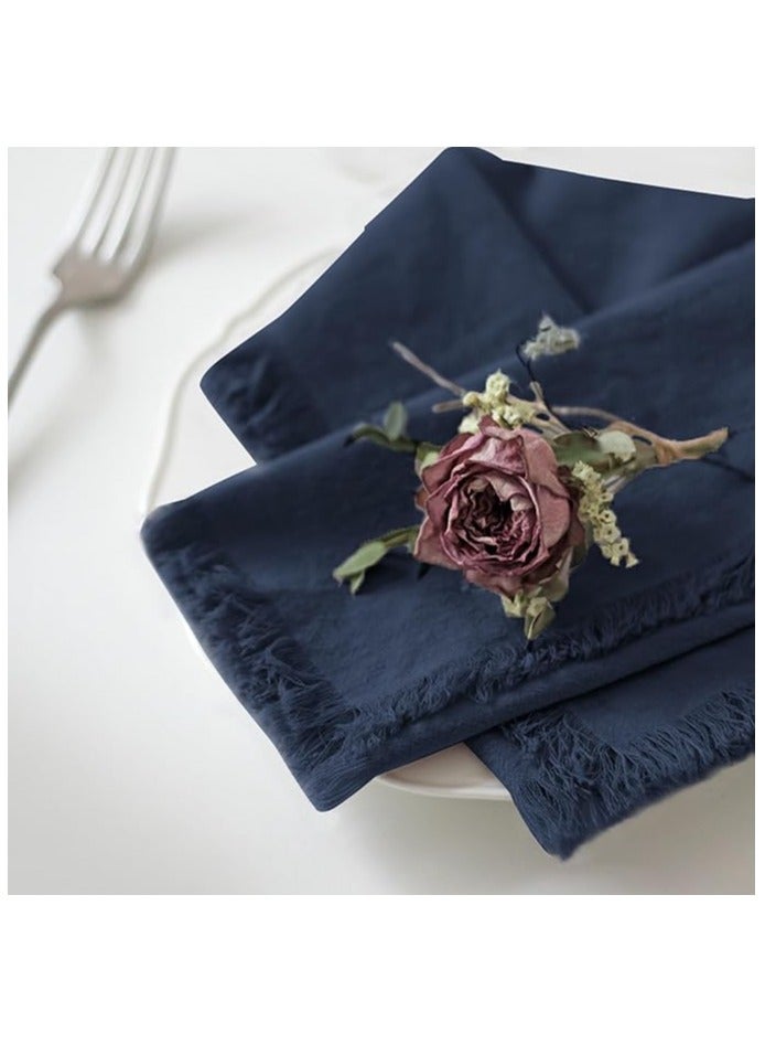Hoasis 12 Pcs Cotton Linen Napkins 43 * 43cm Wrinkled Dinner Napkins, Washable Rustic Dinner Napkins Cloth, Handmade Fringed Cloth Napkins for Home, Wedding and Parties, Color: Navy Blue - Image 2