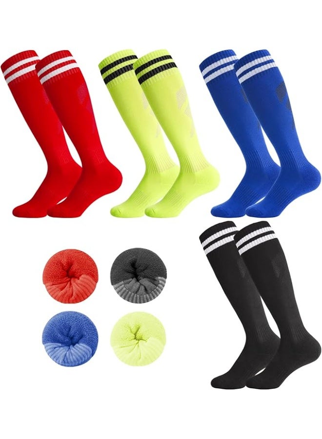 FAYET 4 Pairs Kids Soccer Socks Set, 4 Colors Breathable Knee High Football Socks for Boys Girls Ages 5-12, Striped Sports Tube Socks for Training, Running, Daily Wear (Style 2) - Image 1