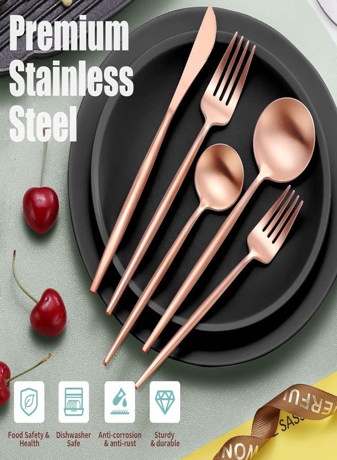 JUVIW Matte Rose Gold Silverware Set 5 Pieces, Stainless Steel Flatware Set, Service for 1, Kitchen Utensil Set, Tableware Cutlery Set, Satin Finished Polished & Dishwasher Safe - Image 5