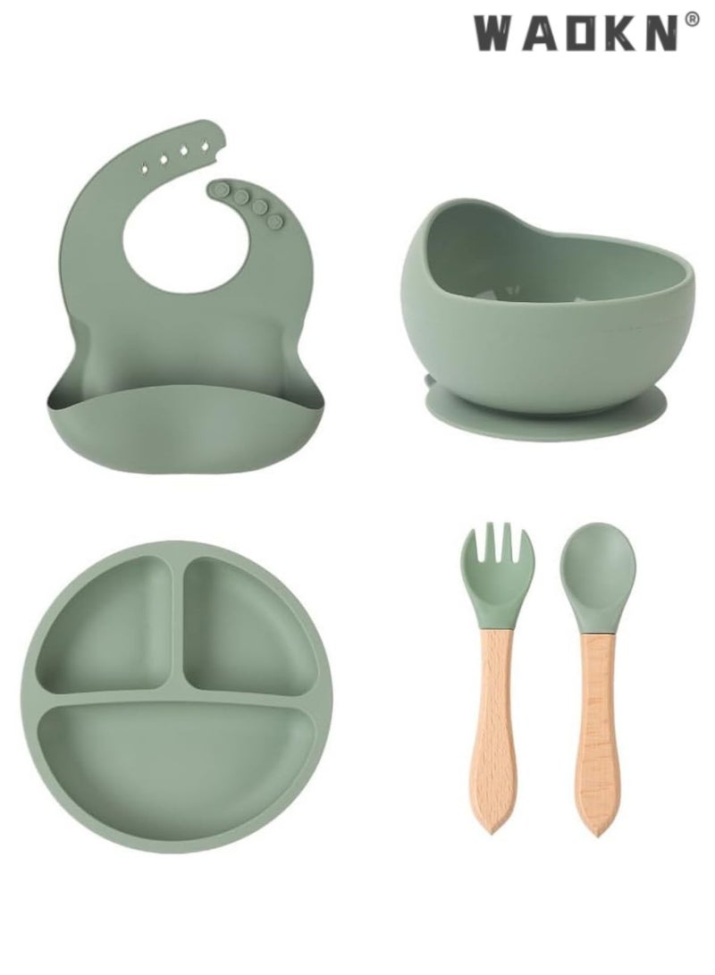 WAOKN Silicone Baby Feeding Set, Toddler Divider Plate & Bowl with Suction, BPA Free Baby Tableware Set with Adjustable Soft Silicone Bib & Utensils, Ideal for Self-Feeding and Easy Clean-up - Image 1