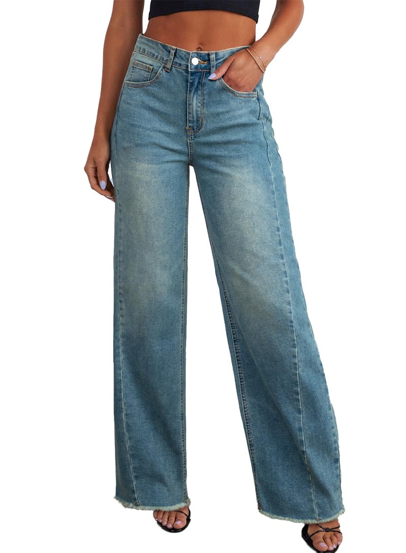 Sidefeel Women's Wide Leg Jeans High Waisted Stretchy Raw Hem Denim Pants Size 2 Light Retro Blue - Image 1
