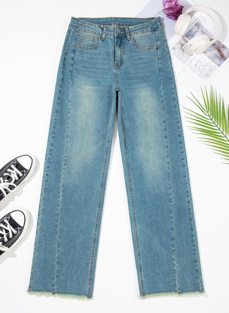 Sidefeel Women's Wide Leg Jeans High Waisted Stretchy Raw Hem Denim Pants Size 2 Light Retro Blue - Image 3