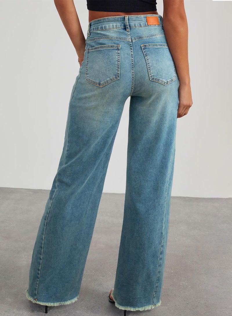 Sidefeel Women's Wide Leg Jeans High Waisted Stretchy Raw Hem Denim Pants Size 2 Light Retro Blue - Image 2