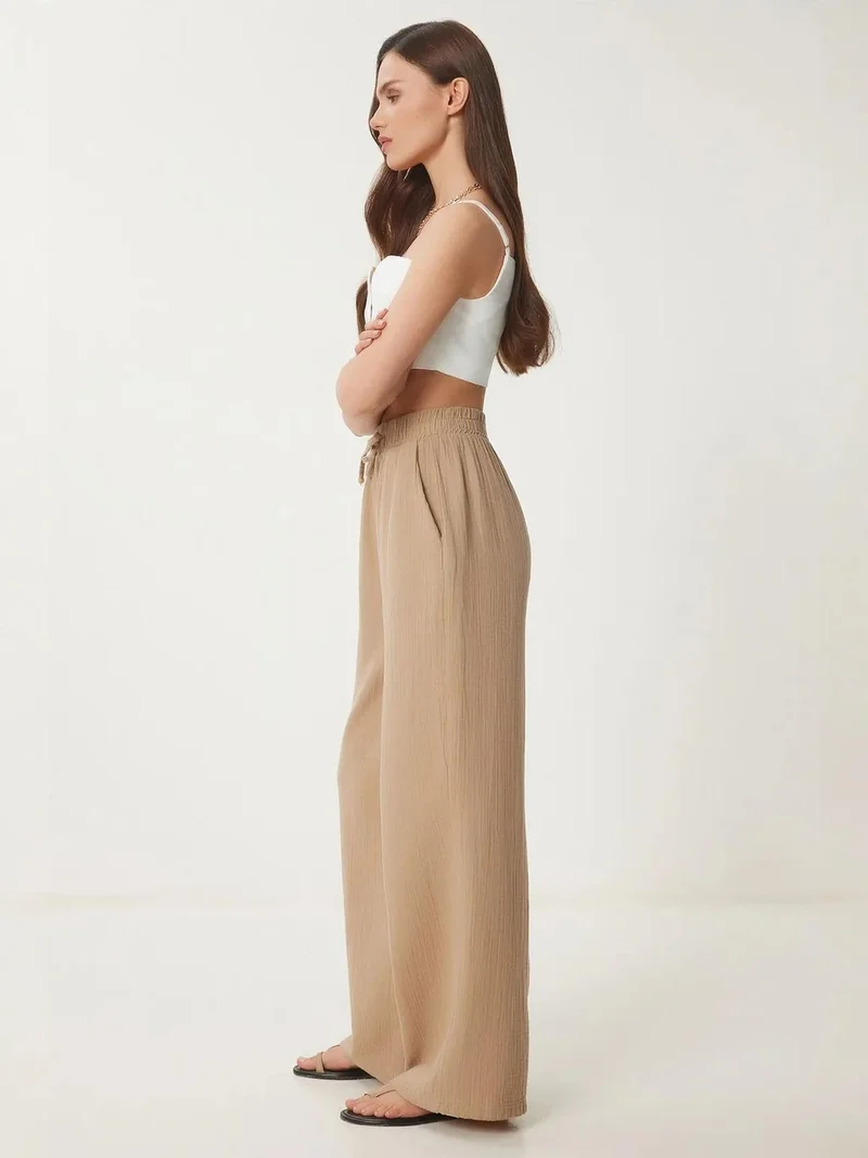 Happiness İstanbul ISTANBUL Wide Leg Drawstring Waist Pants with Binding Detail