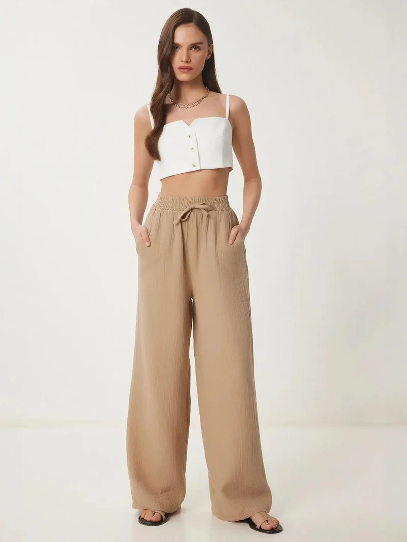 Happiness İstanbul ISTANBUL Wide Leg Drawstring Waist Pants with Binding Detail