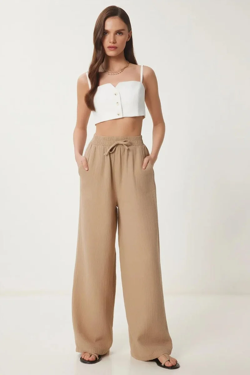 هابينس اسطنبول ISTANBUL Wide Leg Drawstring Waist Pants with Binding Detail