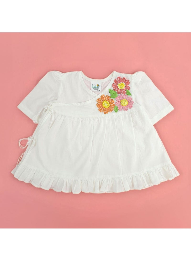 Keebee Organic Cotton Flowers Hand-Embroidered White Puff Sleeve Girls Wrap style Dress - Image 1