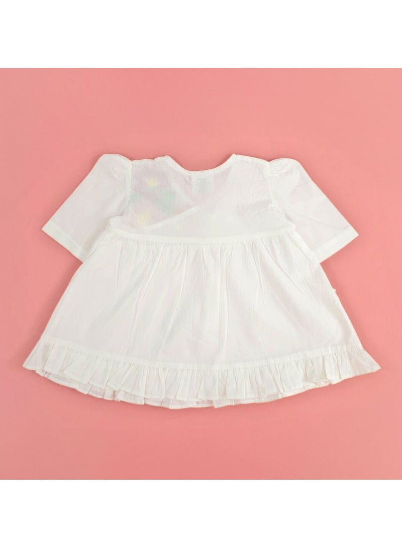 Keebee Organic Cotton Flowers Hand-Embroidered White Puff Sleeve Girls Wrap style Dress - Image 2