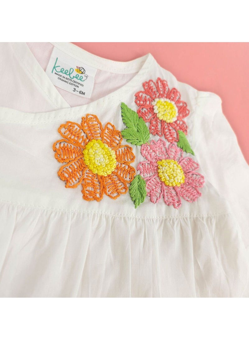 Keebee Organic Cotton Flowers Hand-Embroidered White Puff Sleeve Girls Wrap style Dress - Image 3