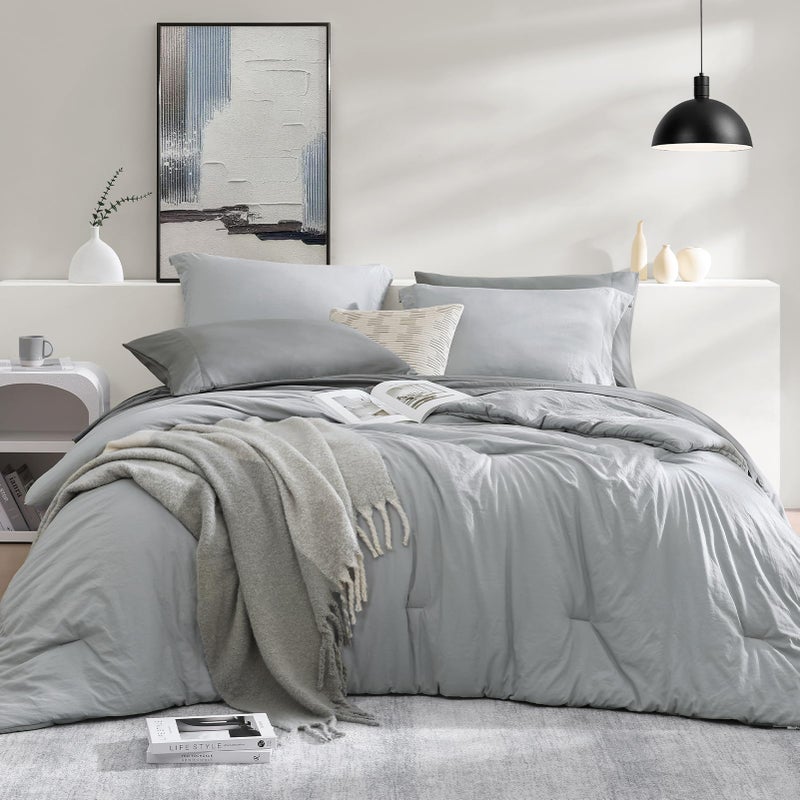 WRENSONGE Queen Comforter Set 7 Pieces Soft Light Grey Bed in a Bag Queen with Fitted Sheet Flat Sheet 2 Pillow Shams and 2 Pillowcases Warm Bed Set for All Season