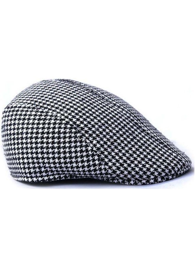 Kids Beret Cap Boy Girl Houndstooth Newsboy Hat Flap Cabbie Hat - Black+White  - Image 3
