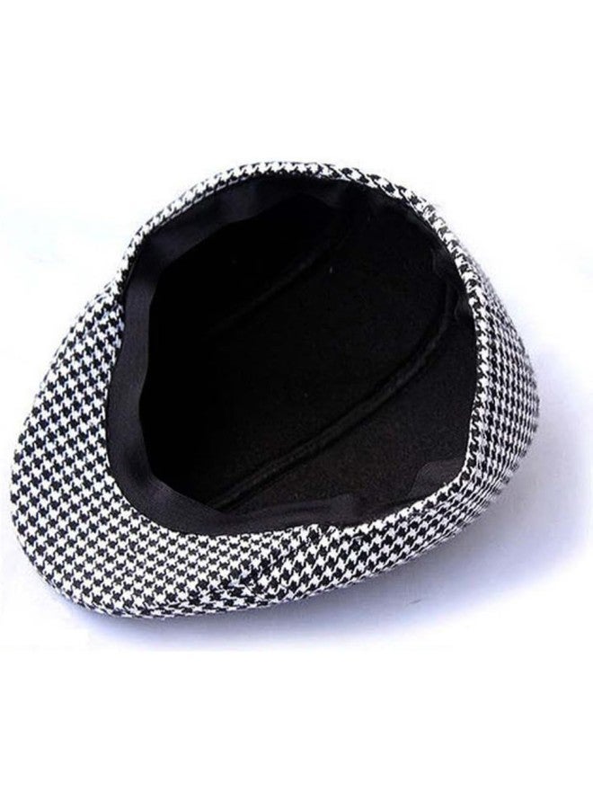 Kids Beret Cap Boy Girl Houndstooth Newsboy Hat Flap Cabbie Hat - Black+White  - Image 1