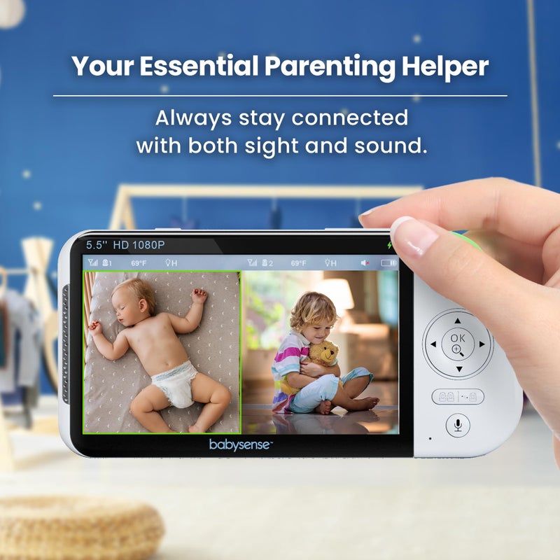 Babysense Full Hd 5.5"" Split Screen Baby Monitor With Camera And Audio  6-Color Night Light  White Noise  Sound & Light Machine  20-Hour Battery  Hack-Proof Non-Wifi Secure Connection - Image 2