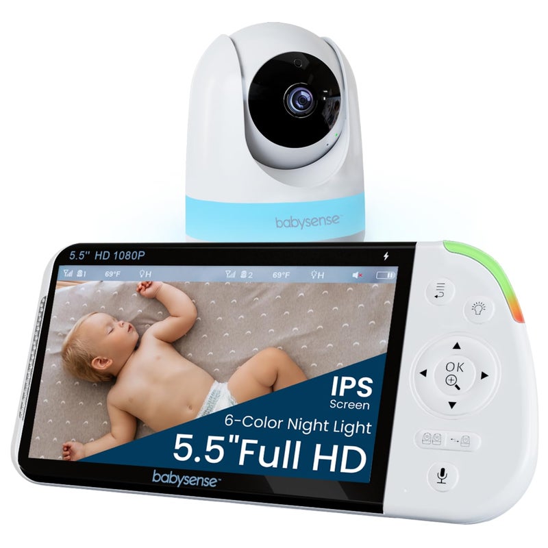 Babysense Full Hd 5.5"" Split Screen Baby Monitor With Camera And Audio  6-Color Night Light  White Noise  Sound & Light Machine  20-Hour Battery  Hack-Proof Non-Wifi Secure Connection - Image 1