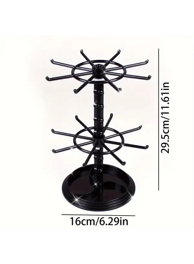 Black 2 Tier Rotating Storage Rack With 16 Hooks Adjustable Height Base Organizer - Image 2