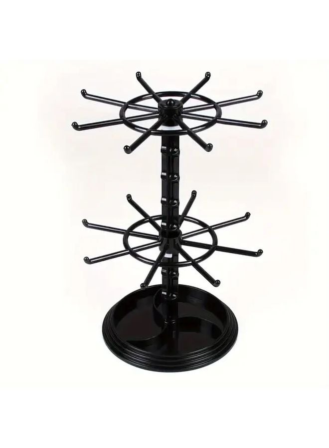 Black 2 Tier Rotating Storage Rack With 16 Hooks Adjustable Height Base Organizer - Image 1