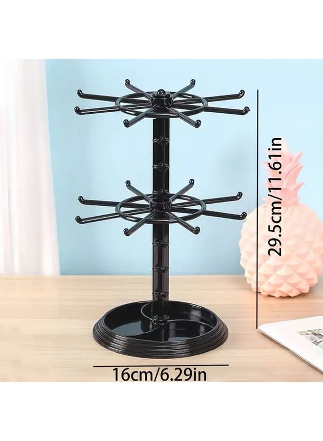 Black 2 Tier Rotating Storage Rack With 16 Hooks Adjustable Height Base Organizer - Image 4
