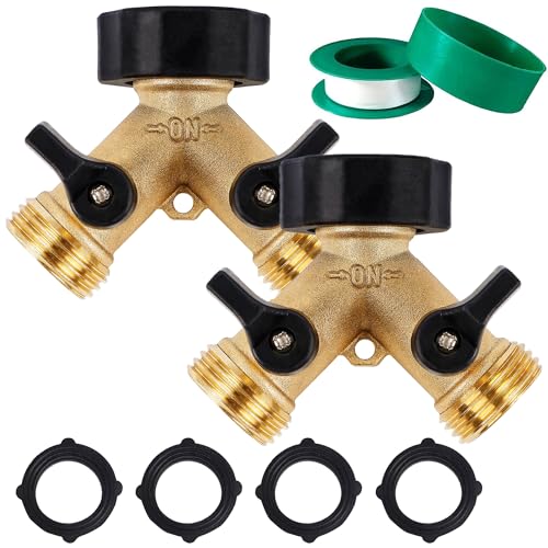 Biswing 2 Pack Garden Hose Splitter 2 Way, Heavy Duty Brass Connector Tap Splitter, Y Splitter 2 Valves with 4 Extra Rubber Washers - Image 1