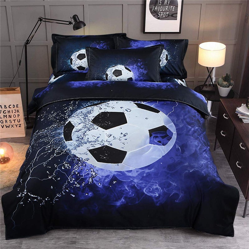 WONGS BEDDING Blue Flame Soccer Duvet Cover Set for Children Boys 3D Printed Football Quilt Cover Set with 2 Pillowcases Fire and Ice Bedding Set with Zipper Closure Queen Size 90 X 90Not Comforter 