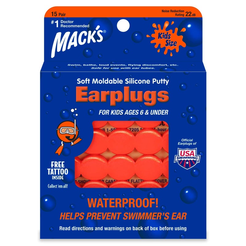 Macks Soft Moldable Silicone Putty Ear Plugs Kids Size 15 Pair Comfortable Small Earplugs for Swimming Bathing Travel Loud Events and Flying Made in USA