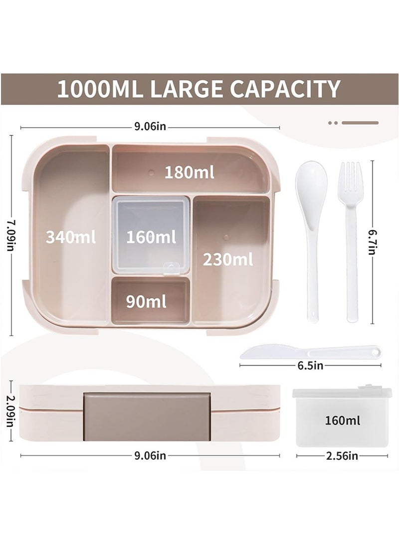 Yoawllty Lunch Box with 5-Compartment, 1000ML Bento Box for Kids and Adults, Microwave Safe Leakproof Lunch Container for School & Picnics (Beige) - Image 3