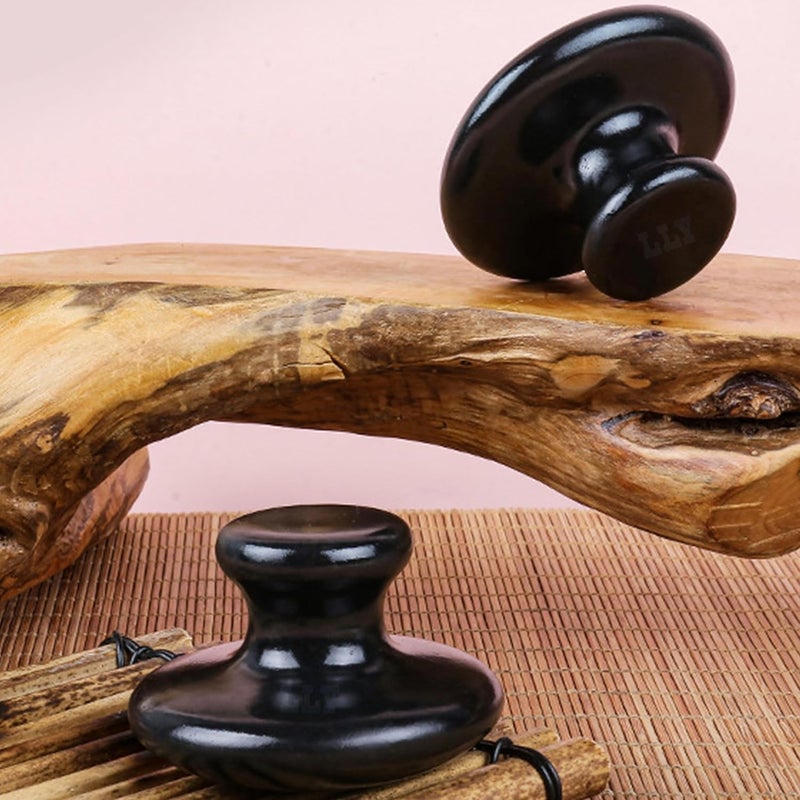 LLY Multifunctional Scraping Massage Tools Natural Black sibin bian Stone Beauty Health CareRelieve WrinklesMuscle and acupoint Massage Mushroom Scraping Massager 2 Pack - Image 3