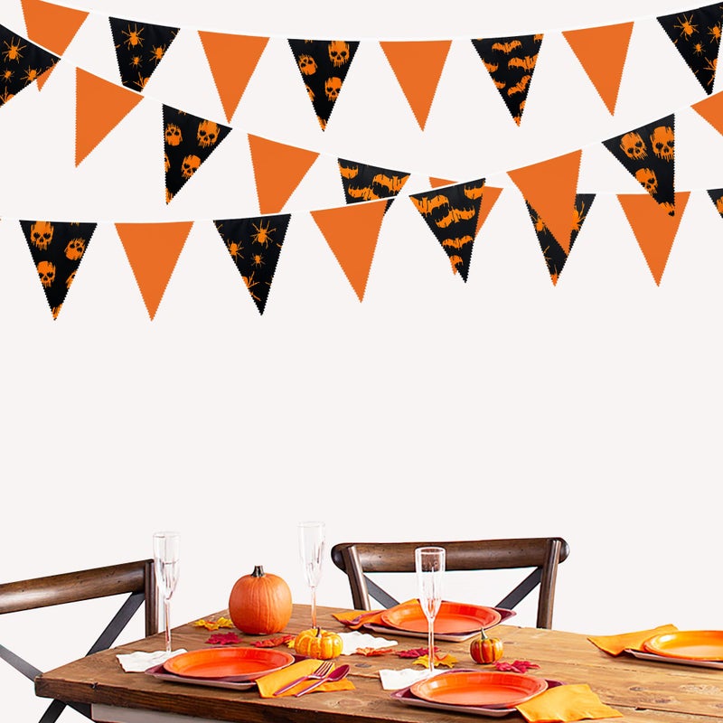 pinkblume 32Ft Orange Black Halloween Party Decorations Spider Skull Bats Fabric Pennant Banner Triangle Flag Bunting Garland Streamers for Halloween Trick or Treat Birthday Wedding Home Outdoor Party Supplies - Image 4