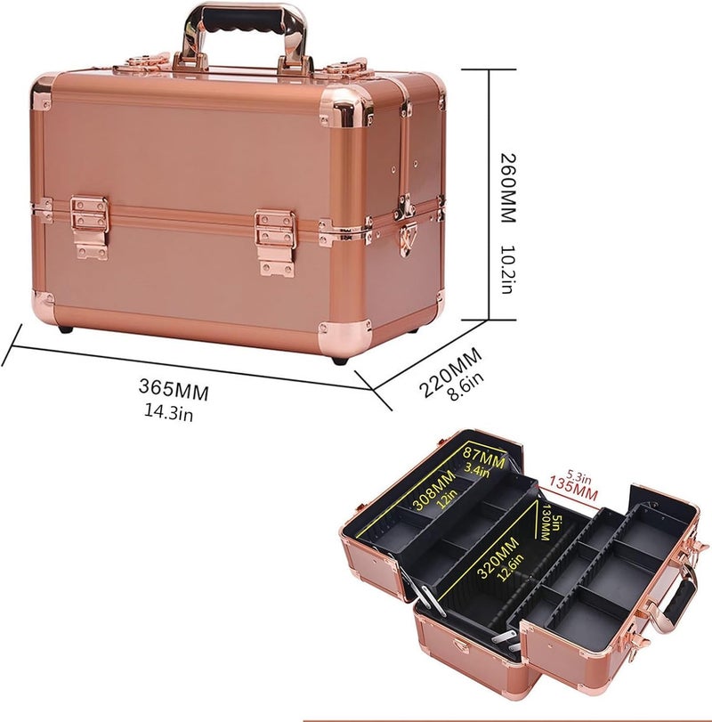 Adson Professional Makeup Box Cosmetics Case Jewelry Organiser Vanity Make Up Storage Box Beauty Train Case Lockable with Keys (Rose Gold) - Image 4
