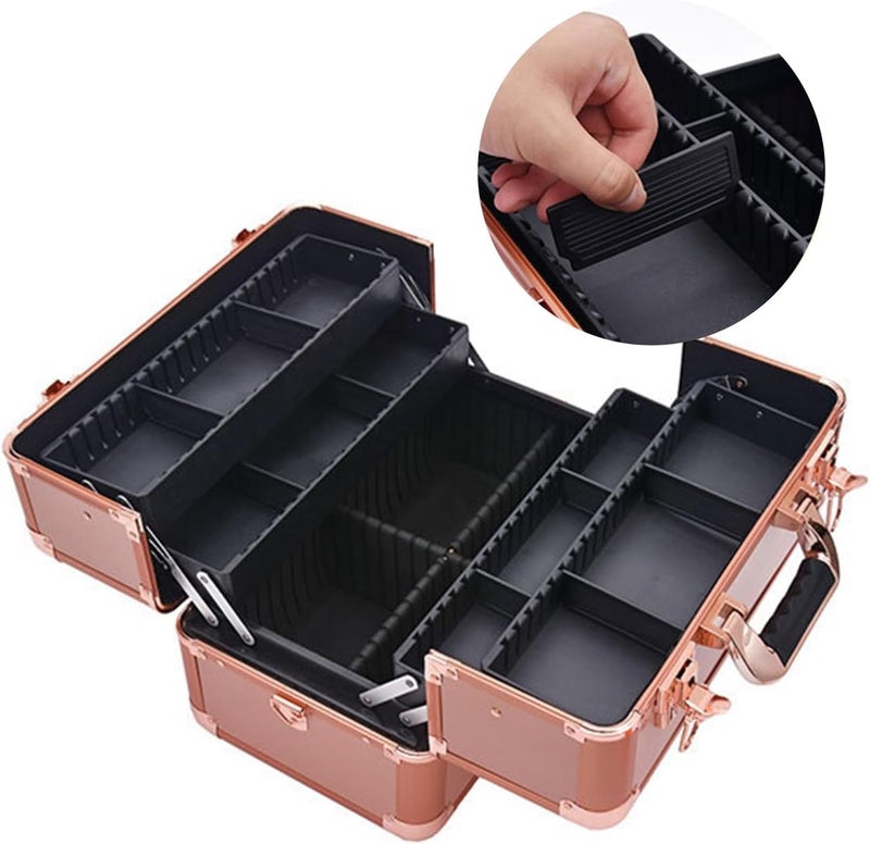 Adson Professional Makeup Box Cosmetics Case Jewelry Organiser Vanity Make Up Storage Box Beauty Train Case Lockable with Keys (Rose Gold) - Image 5