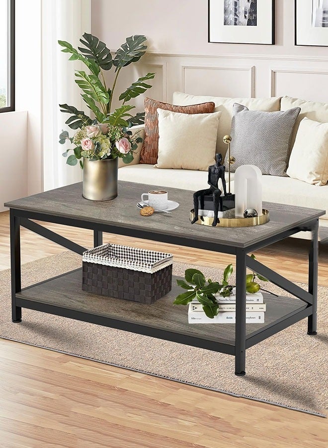 Coffee Table with Storage, Modern 2-Tier Coffee Tables for Living Room, Triangle-Frame Design Farmhouse Coffee Table Space Saving Living Room Small Tables, Easy Assembly (Grey, CJ012) - Image 1