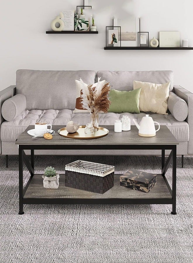 Coffee Table with Storage, Modern 2-Tier Coffee Tables for Living Room, Triangle-Frame Design Farmhouse Coffee Table Space Saving Living Room Small Tables, Easy Assembly (Grey, CJ012) - Image 2