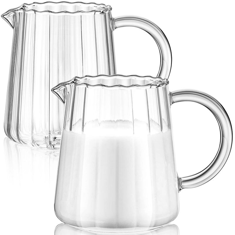 Leinuosen 2 Pcs Small Glass Creamer Pitcher with Spout Milk Frothing Pitcher Elegant Shaped Glass Coffee Tea Milk Creamer Jug Creative Frother Cup (wave Style, 250 Ml) - Image 1