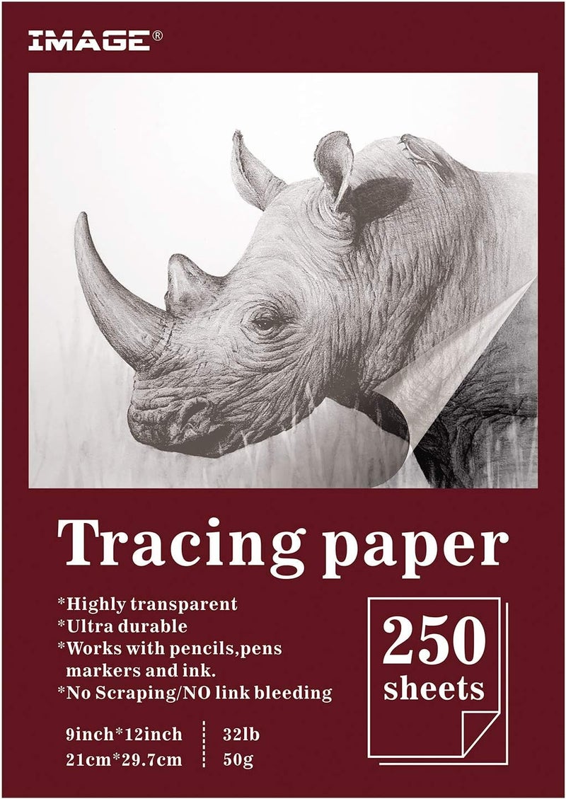 Image Tracing Paper, A4 Size 9”x12” 250 Sheets Artist’s Translucent Tracing Paper for Pencil, Marker and Ink - Trace s, Sketch, Preliminary Drawing, Overlays 32 LB / 50 GSM - Image 1