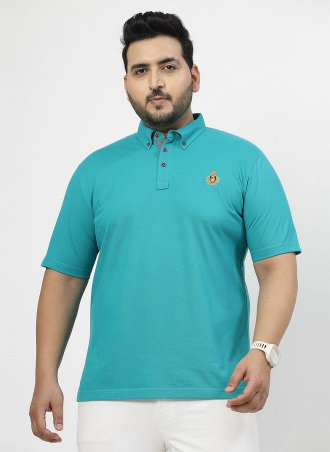 PlusS تي شيرت قميص ماندارين كولر قطن باللون الأخضر البحري للرجال - Image 1