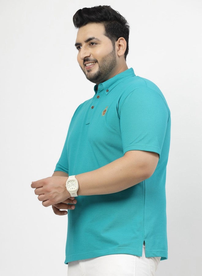 PlusS تي شيرت قميص ماندارين كولر قطن باللون الأخضر البحري للرجال - Image 3