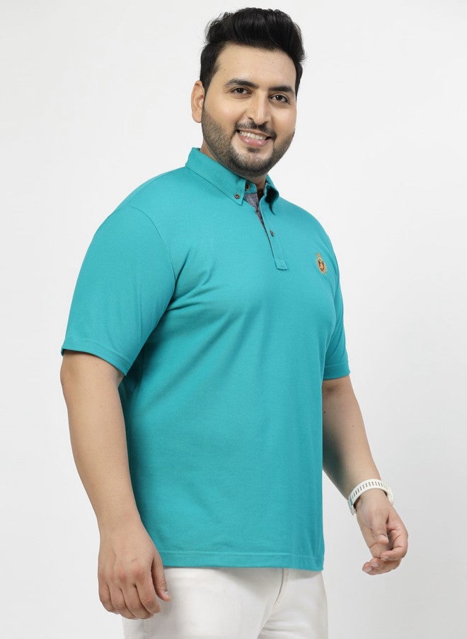 PlusS تي شيرت قميص ماندارين كولر قطن باللون الأخضر البحري للرجال - Image 4