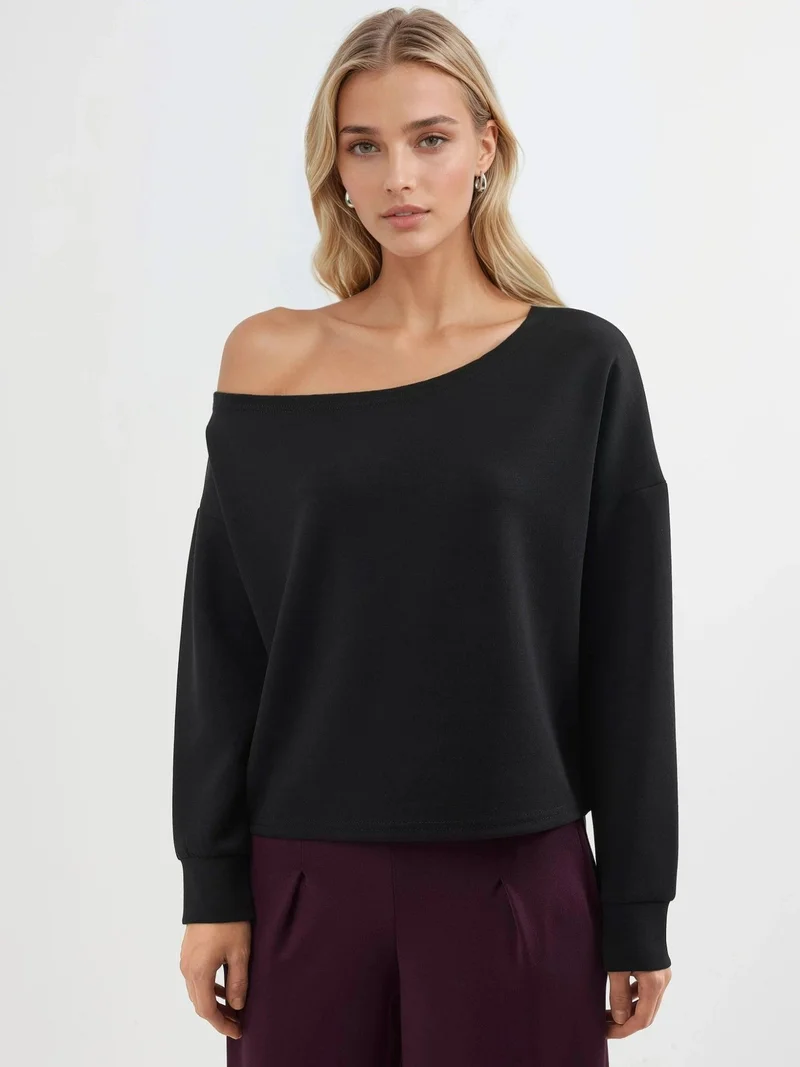 Busem Black BUSEM Asymmetrical Collar Relaxed Fit Sweatshirt for Women | Best Price UAE