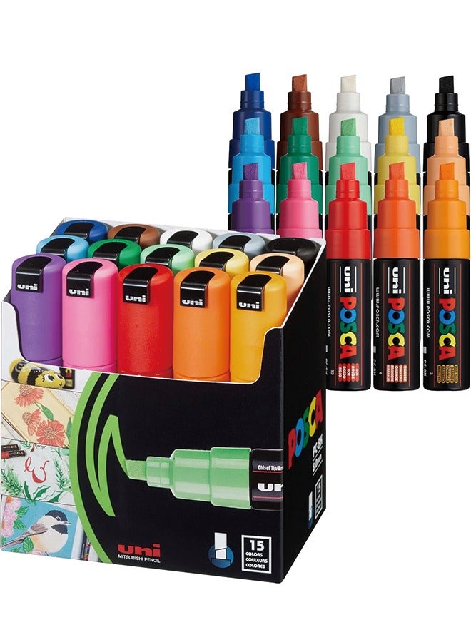 POSCA 15 Posca Paint Markers, 8K Broad Posca Markers with Broad Chisel Tips, Set of Acrylic Paint Pens for Art Supplies, Fabric Paint, Fabric Markers, Paint Pen, Art Markers - Image 1