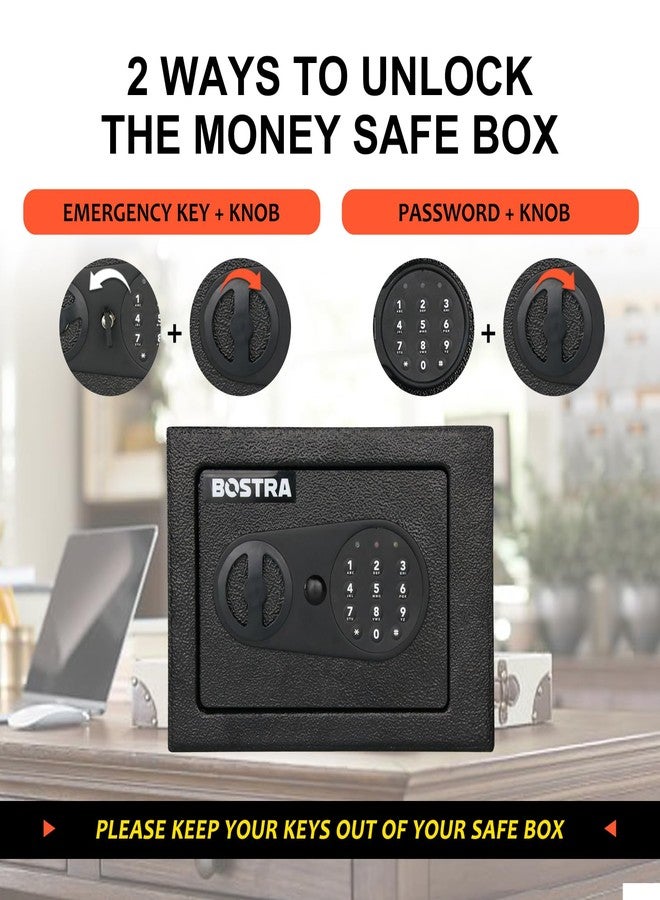 Bostra Fireproof Safe Box with Sensor Light & Fireproof Bag, Money Safe Box with Digital Keypad,Security Safe Box for Home, 0.23 Cubic Small Safe with Keys & Pass Code for Cash Jewelry Black - Image 5