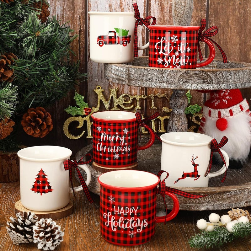 Whaline 6Pcs Christmas Mini Coffee Mug with Ribbon Red Black Plaid Truck Reindeer Xmas Tree Tiered Tray Decor for Christmas Gift Table Centerpieces Decor - Image 4