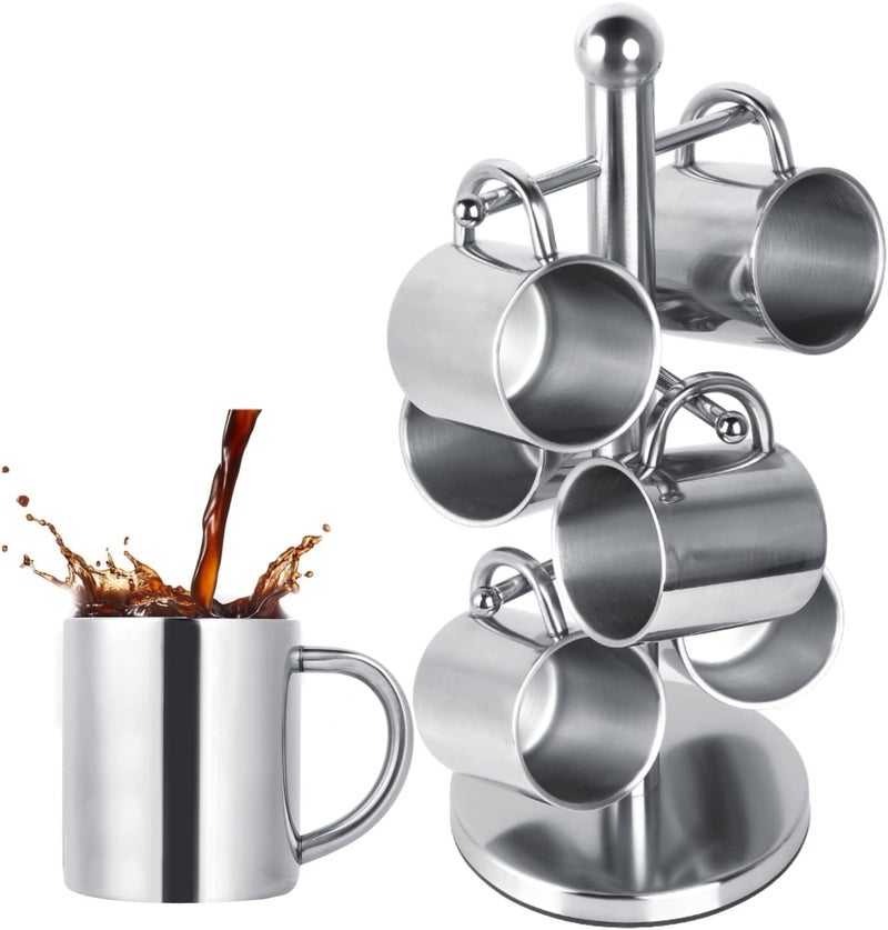 klarako Coffee Mugs Set Stainless Steel Espresso Coffee Cups with Stand Rack for Tea, Whiskey, Cocktails & All Beverages - Image 1