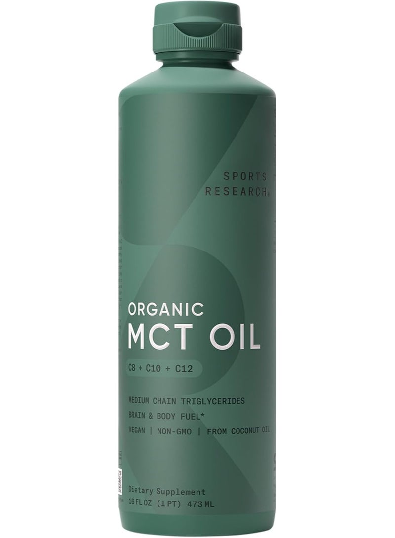 Sports Research® Organic MCT Oil 16oz - Full Spectrum (C8, C10, C12) Sourced from Coconut Oil - Keto Brain & Body Fuel* - Vegan Certified · Non-GMO · Informed Choice Certified - Unflavored - Image 1
