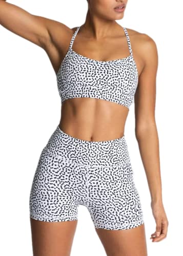 IWEMEK Women 2 Piece Tracksuits Yoga Outfits Seamless Slim Fit High Waisted Yoga Leggings Shorts + Adjustable Strap Sport Bra Workout Sets Exercise Running Gym Clothes White Polka Dots Small - Image 1